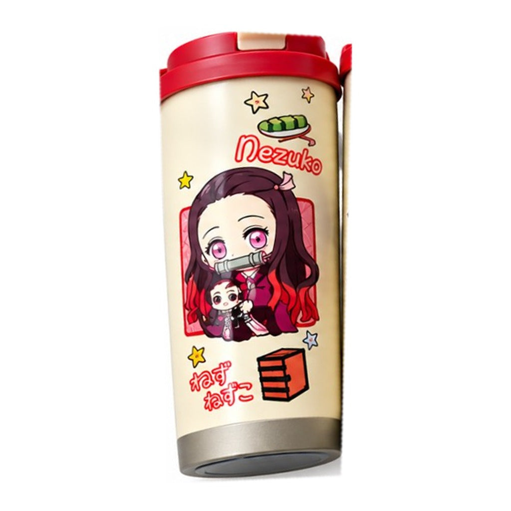 Demon Slayer Nezuko chibi coffee tumbler, cream with red flip-top lid