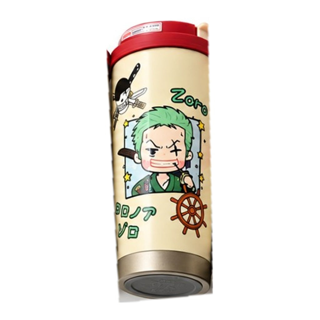 One Piece Zoro chibi coffee tumbler, cream with red flip-top lid