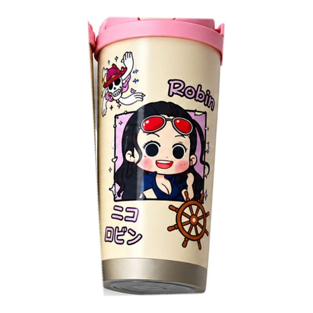 One Piece Robin chibi coffee tumbler, cream with pink flip-top lid