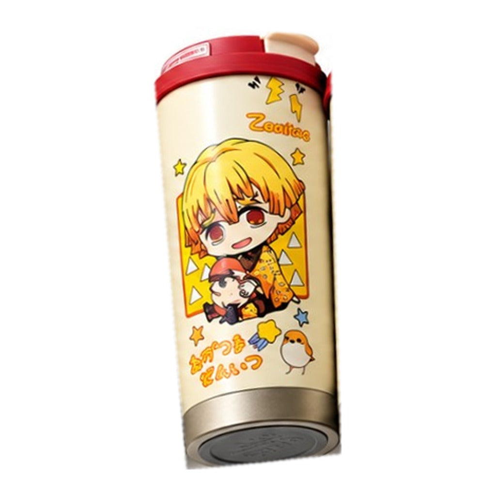 Demon Slayer Zenitsu chibi coffee tumbler, cream with red flip-top lid