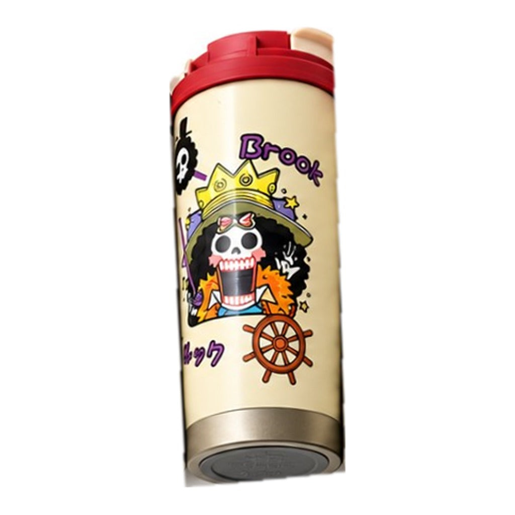 One Piece Brook chibi coffee tumbler, cream with red flip-top lid