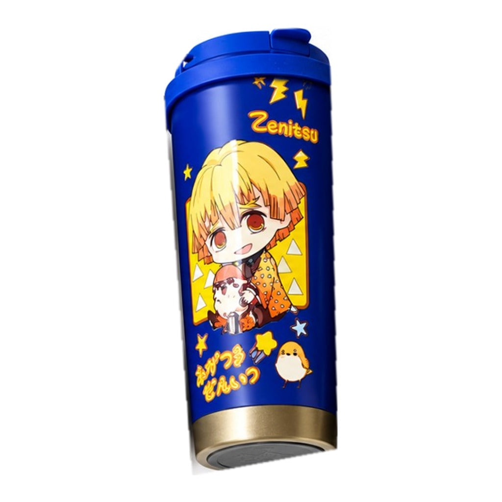 Demon Slayer Zenitsu chibi coffee tumbler, blue with blue flip-top lid