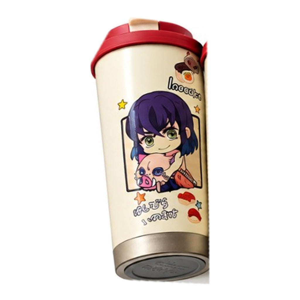 Demon Slayer Inosuke chibi coffee tumbler, cream with red flip-top lid