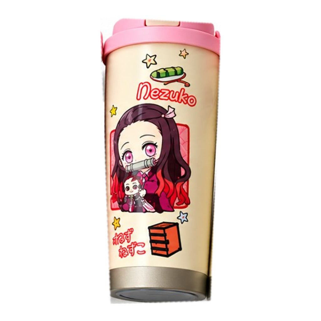 Demon Slayer Nezuko chibi coffee tumbler, cream with pink flip-top lid