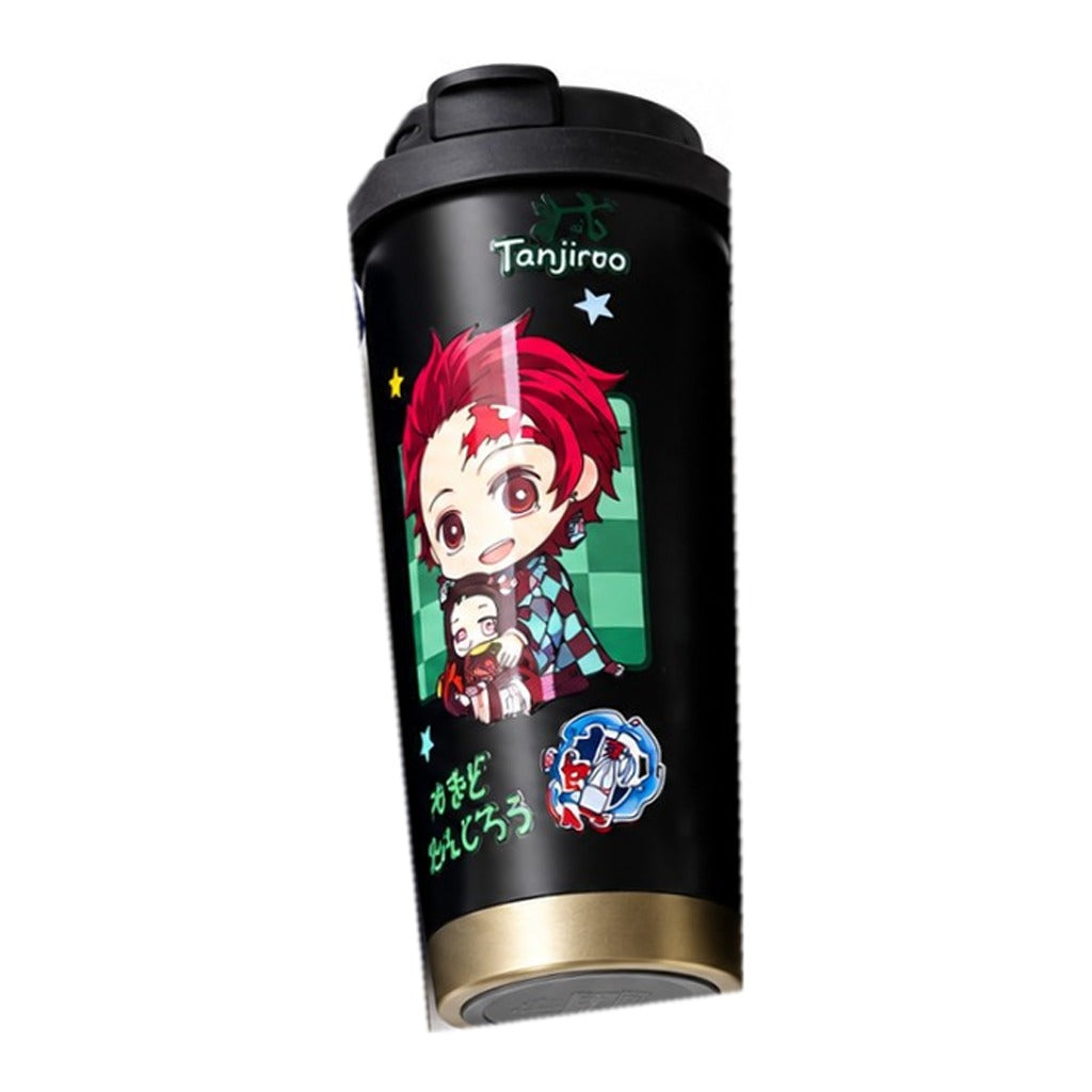 Demon Slayer Tanjiro chibi coffee tumbler, black with gold base