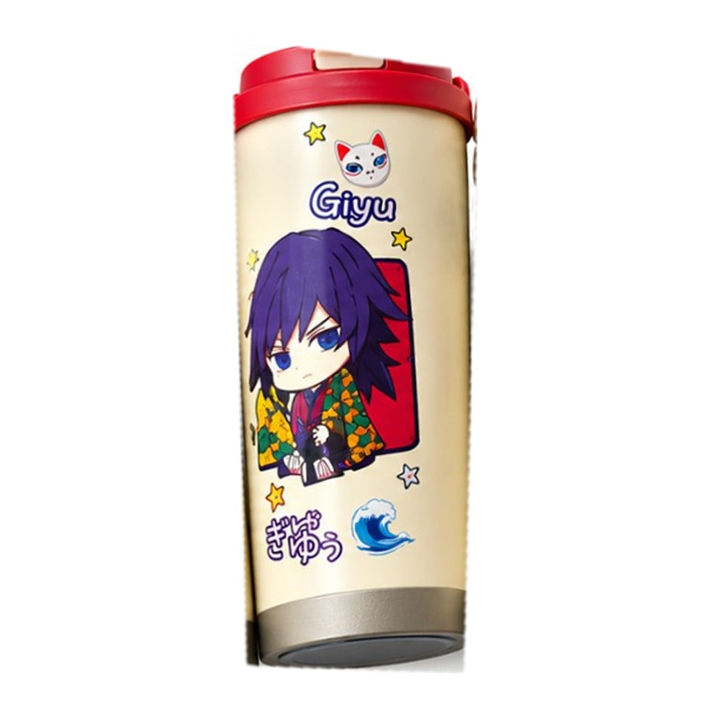 Demon Slayer Giyu chibi coffee tumbler, cream with red flip-top lid