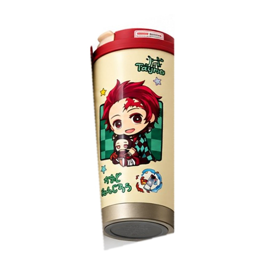 Demon Slayer Tanjiro chibi coffee tumbler, cream with red flip-top lid