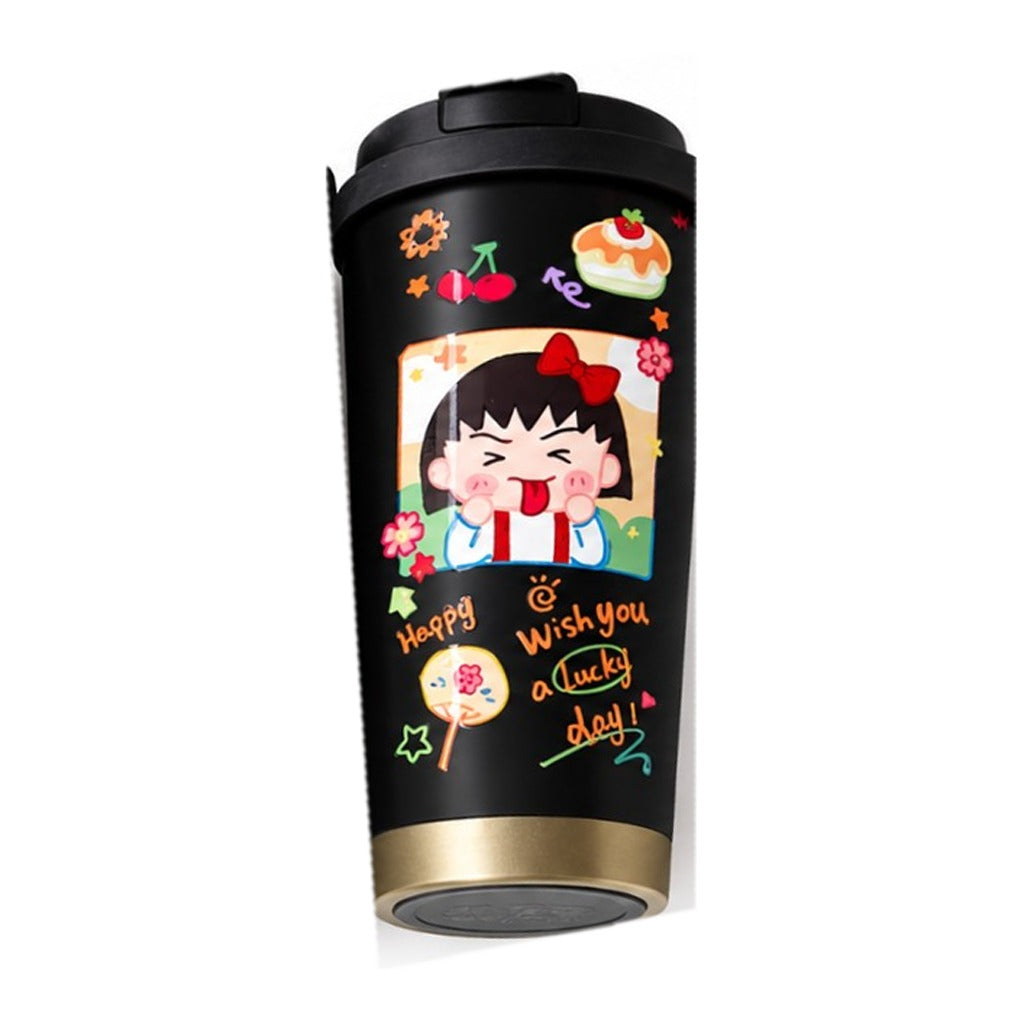 Chibi Maruko-chan black coffee tumbler with flip-top lid
