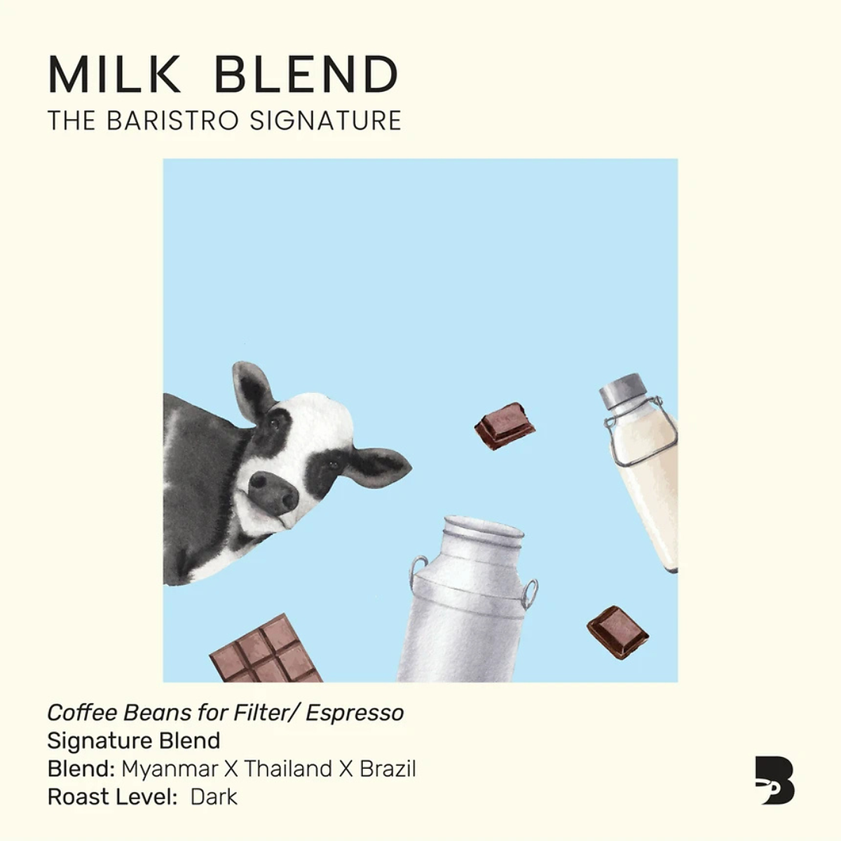 The Baristro Signature Milk Blend dark roast espresso coffee beans from Myanmar, Thailand and Brazil, with nutty and chocolate tasting notes, available at Lamora UAE.