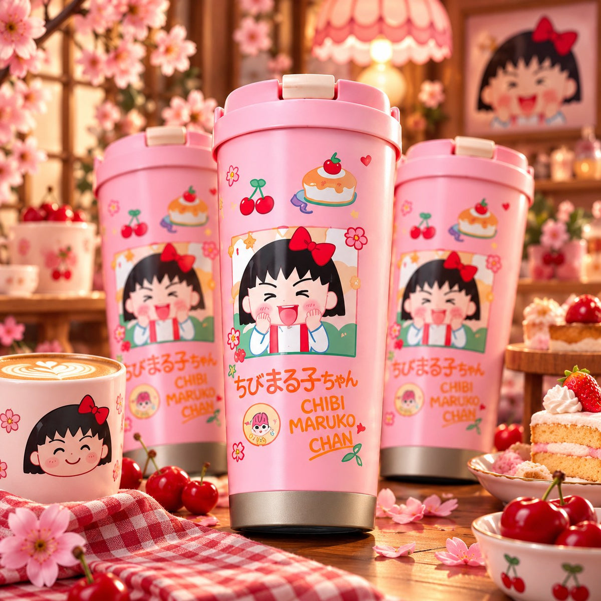 Chibi Maruko-chan pink coffee tumbler with flip-top lid – lifestyle photo