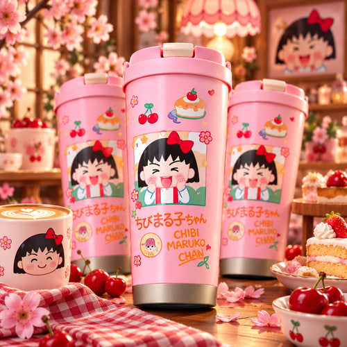 Chibi Maruko-chan pink coffee tumbler with flip-top lid – lifestyle photo