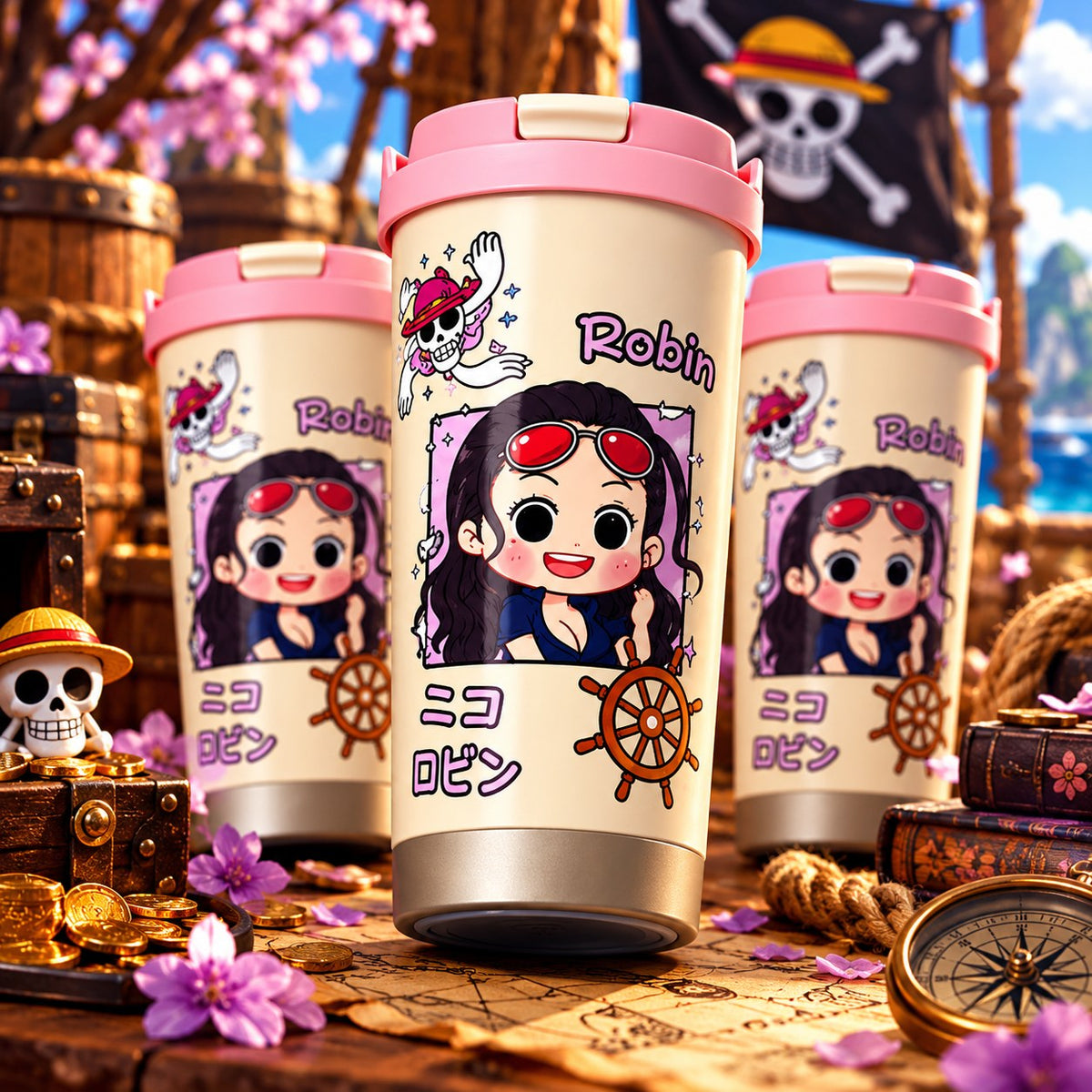 One Piece Robin chibi tumbler with treasure and compass – lifestyle photo