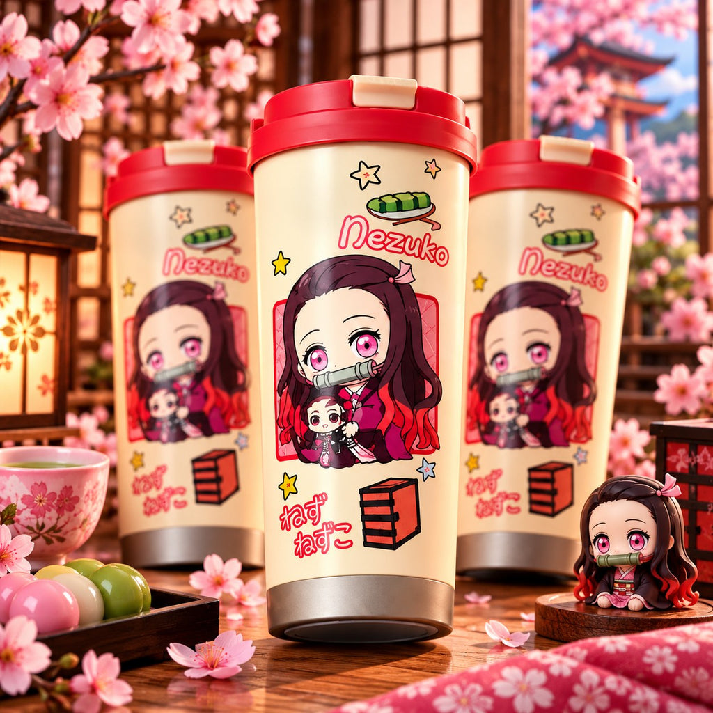 Demon Slayer Nezuko red-lid chibi tumbler with cherry blossoms – lifestyle photo
