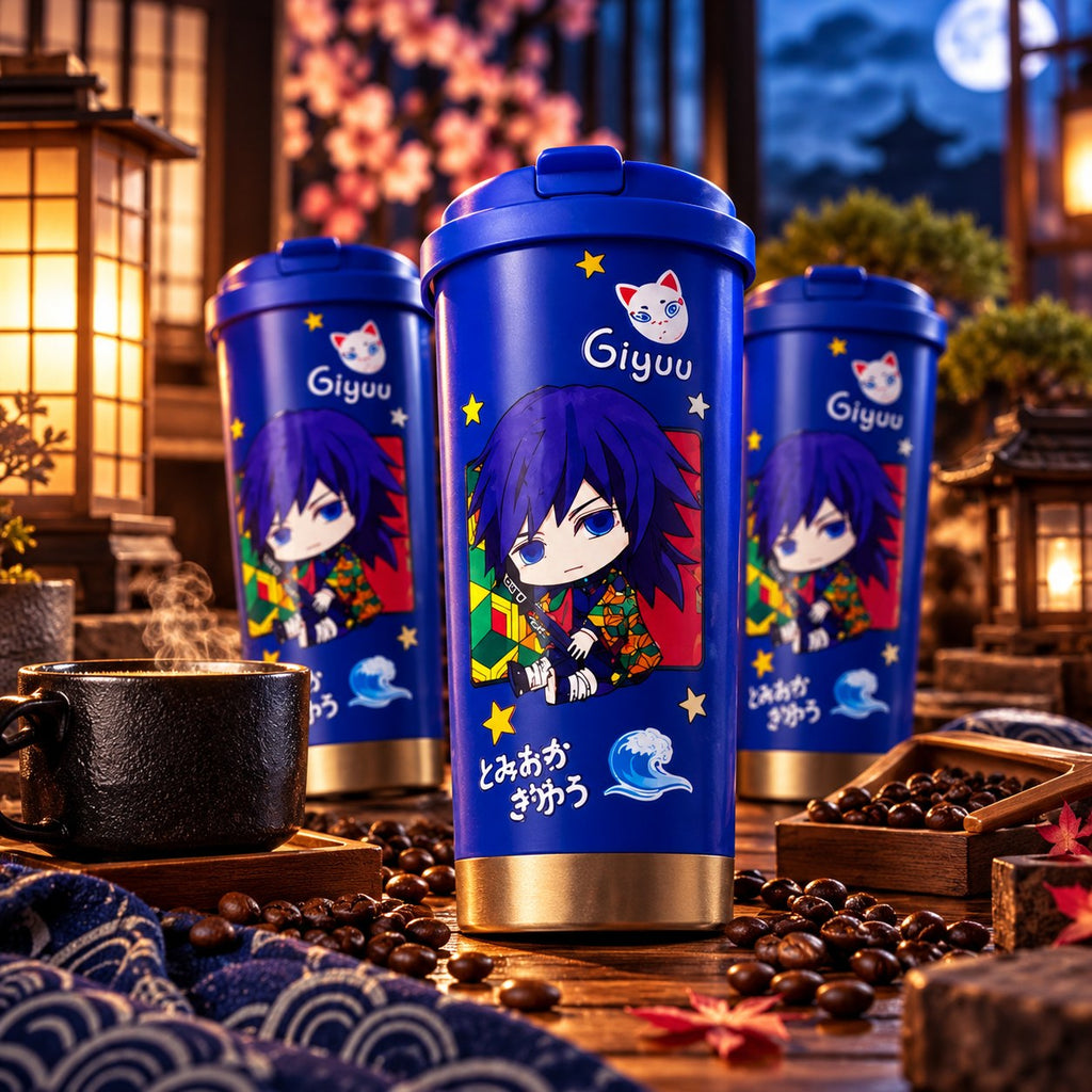Demon Slayer Giyu blue chibi tumbler with lanterns at night – lifestyle photo