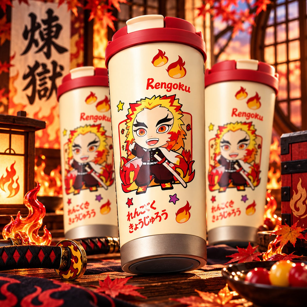 Demon Slayer Rengoku chibi tumbler with flames and autumn leaves – lifestyle photo