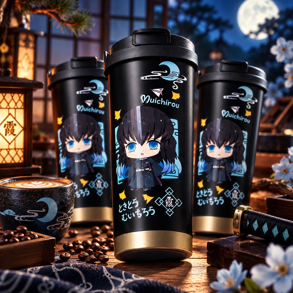 Demon Slayer Muichiro black chibi tumbler under a full moon – lifestyle photo