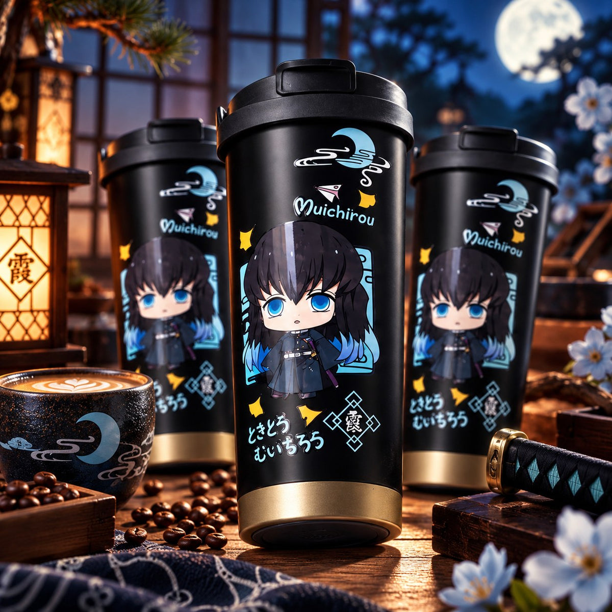 Demon Slayer Muichiro black chibi tumbler under a full moon – lifestyle photo