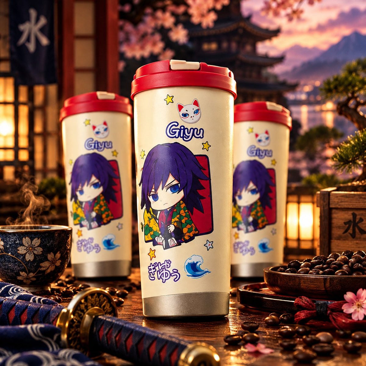 Demon Slayer Giyu cream chibi tumbler with Japanese temple at sunset – lifestyle photo