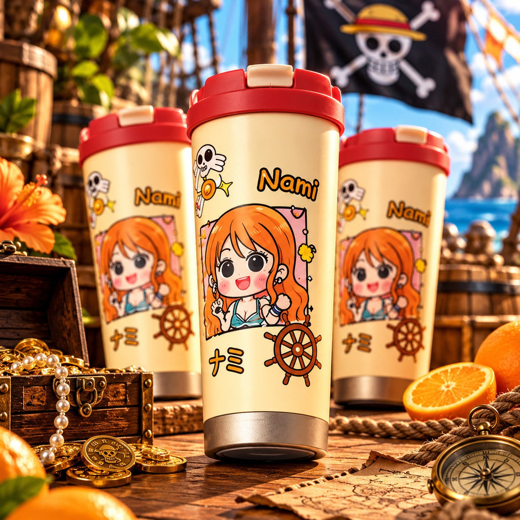 One Piece Nami chibi tumbler with oranges and treasure chest – lifestyle photo