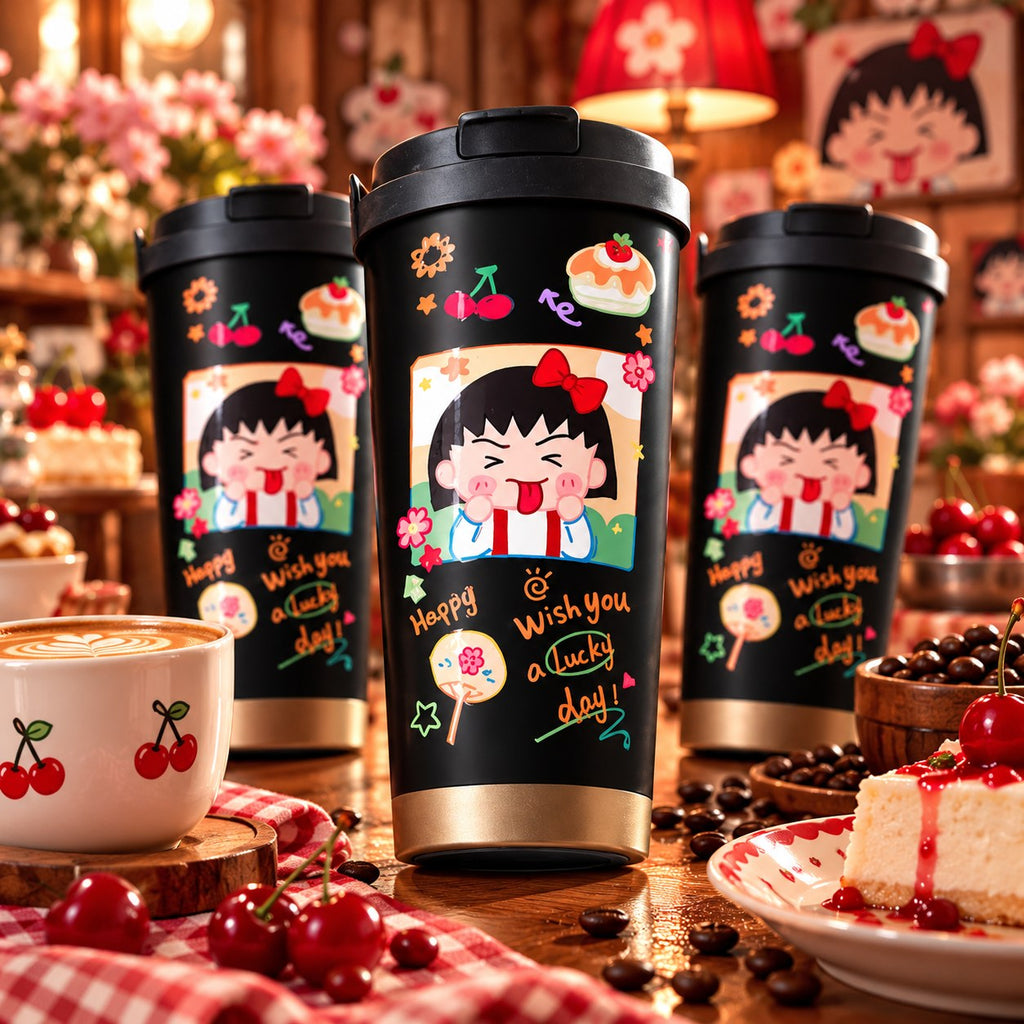 Chibi Maruko-chan black coffee tumbler with flip-top lid – lifestyle photo