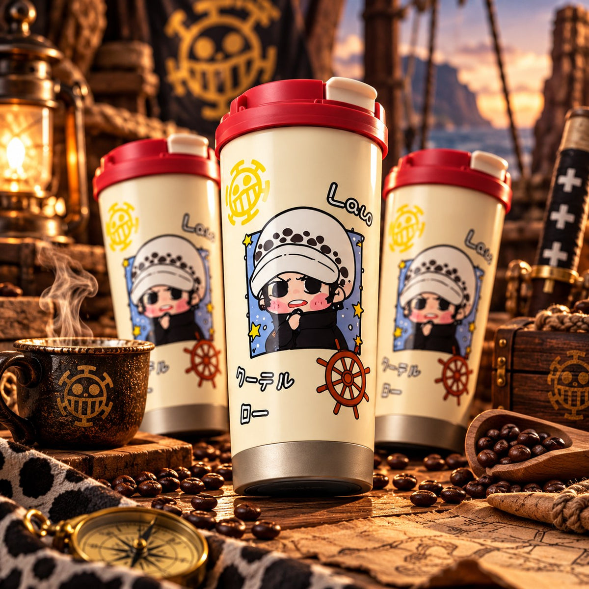 One Piece Law chibi tumbler with compass and coffee beans – lifestyle photo