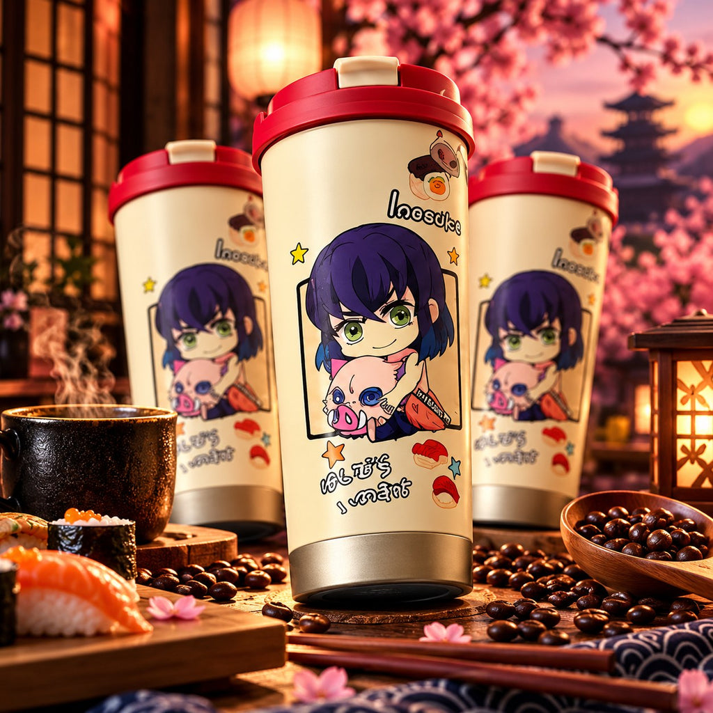 Demon Slayer Inosuke chibi tumbler with sushi and cherry blossoms – lifestyle photo