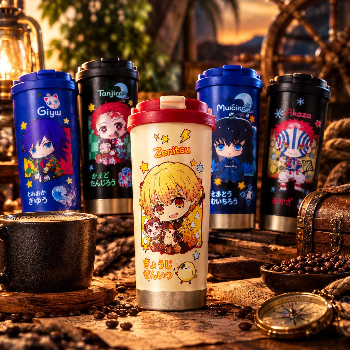 Demon Slayer Zenitsu cream chibi tumbler in front of blue and black character tumblers – lifestyle photo