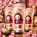 Demon Slayer Nezuko pink-lid chibi tumbler with cherry blossoms and dango – lifestyle photo