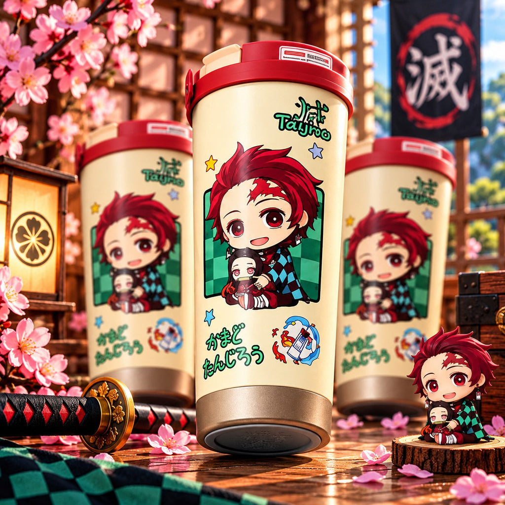 Demon Slayer Tanjiro cream chibi tumbler with cherry blossoms – lifestyle photo
