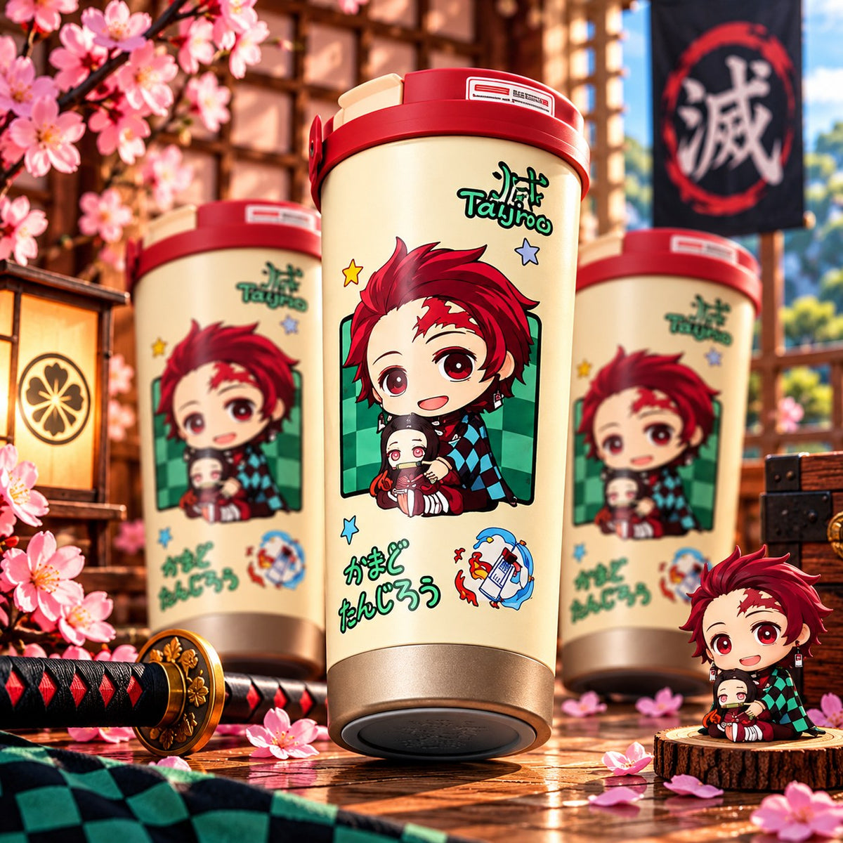 Demon Slayer Tanjiro cream chibi tumbler with cherry blossoms – lifestyle photo