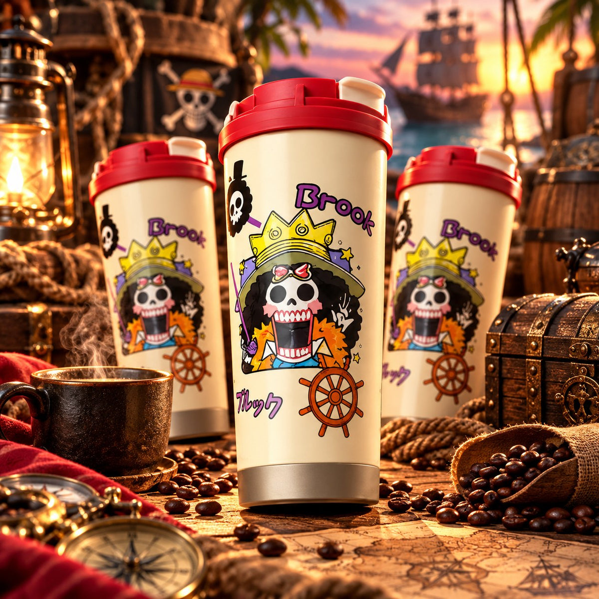 One Piece Brook chibi tumbler on a pirate ship deck at sunset – lifestyle photo