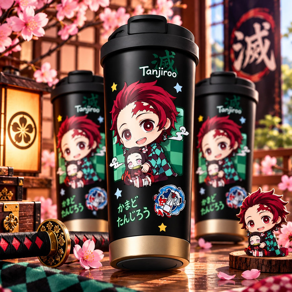 Demon Slayer Tanjiro black chibi tumbler with cherry blossoms – lifestyle photo