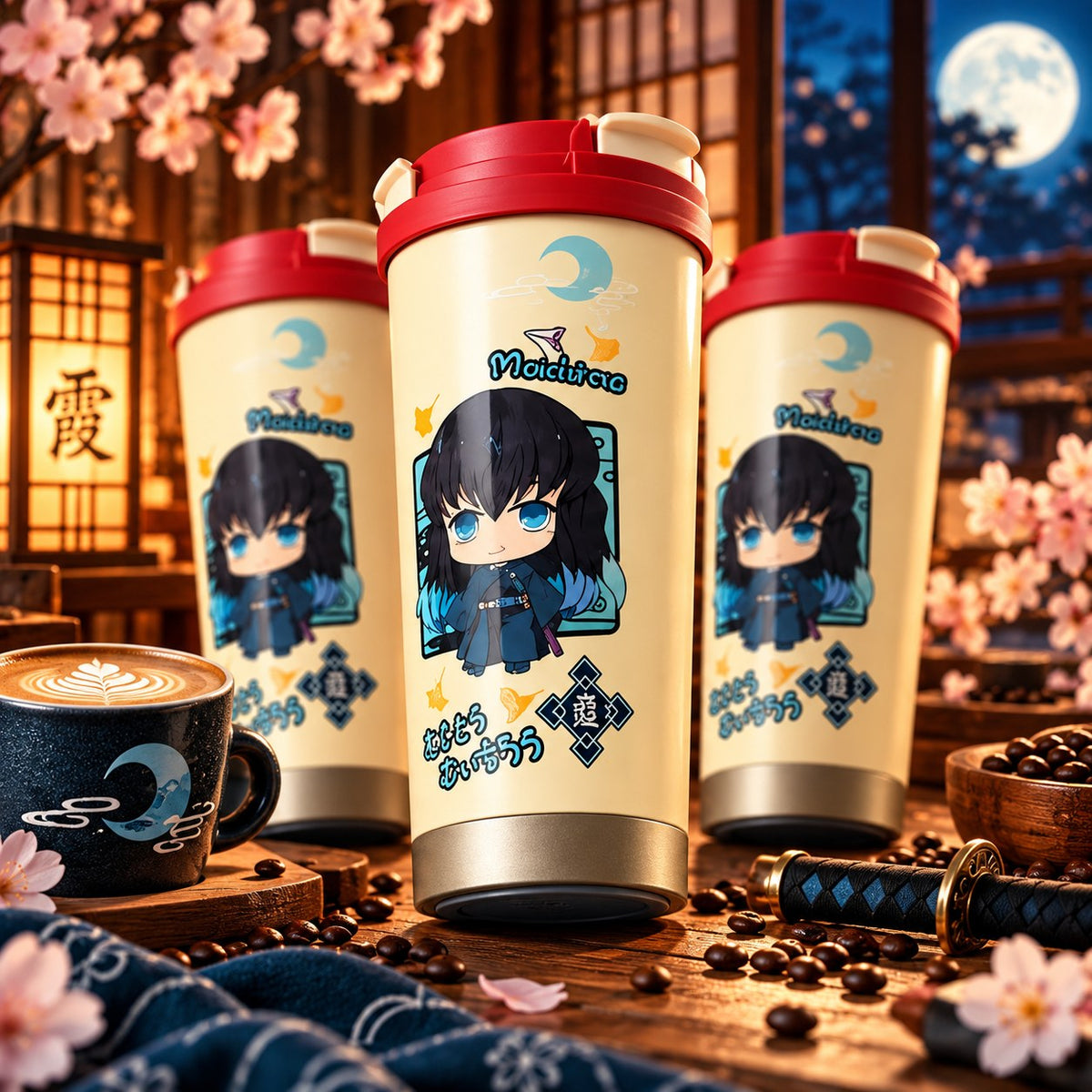 Demon Slayer Muichiro cream chibi tumbler under a full moon – lifestyle photo