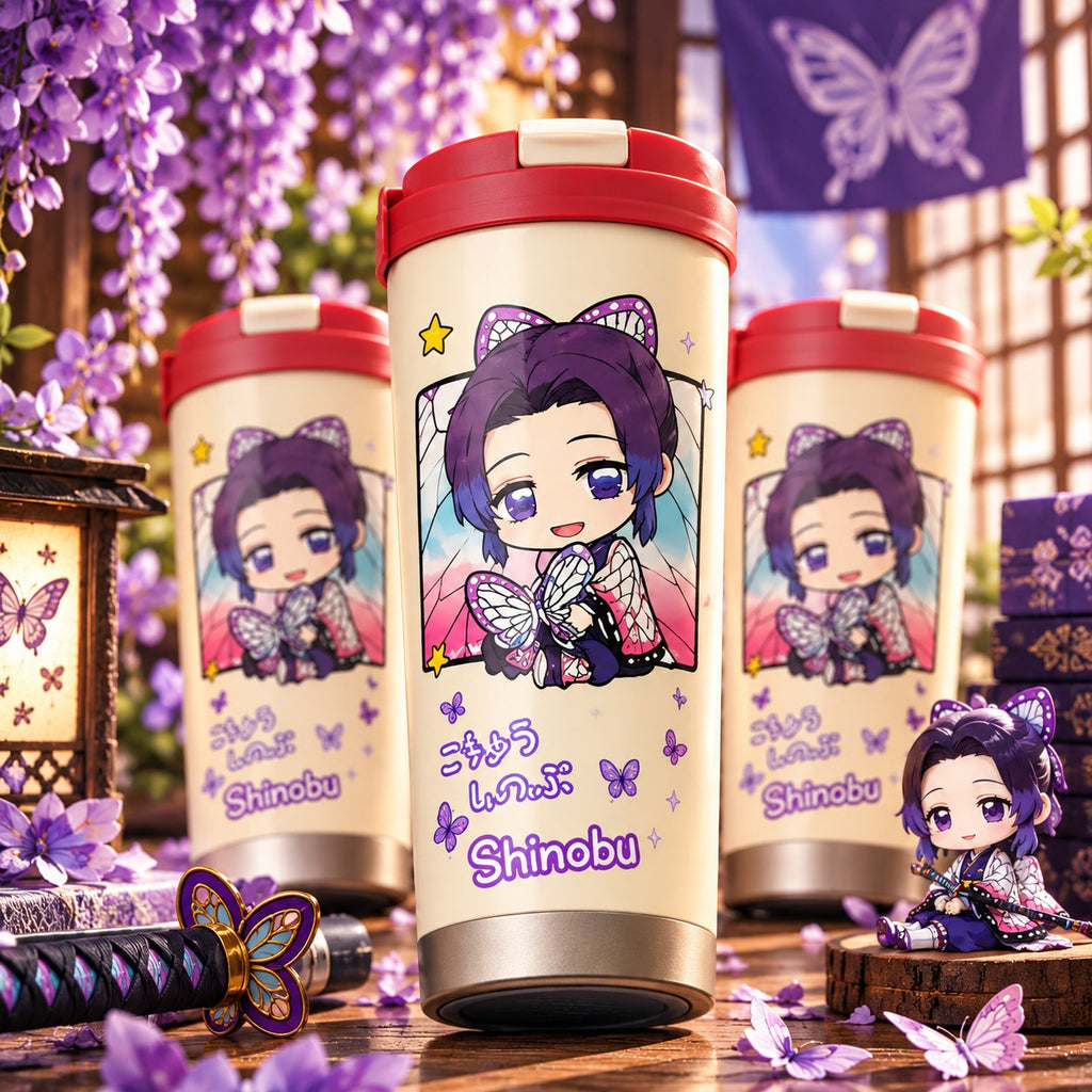 Demon Slayer Shinobu cream chibi tumbler with purple wisteria and butterflies – lifestyle photo