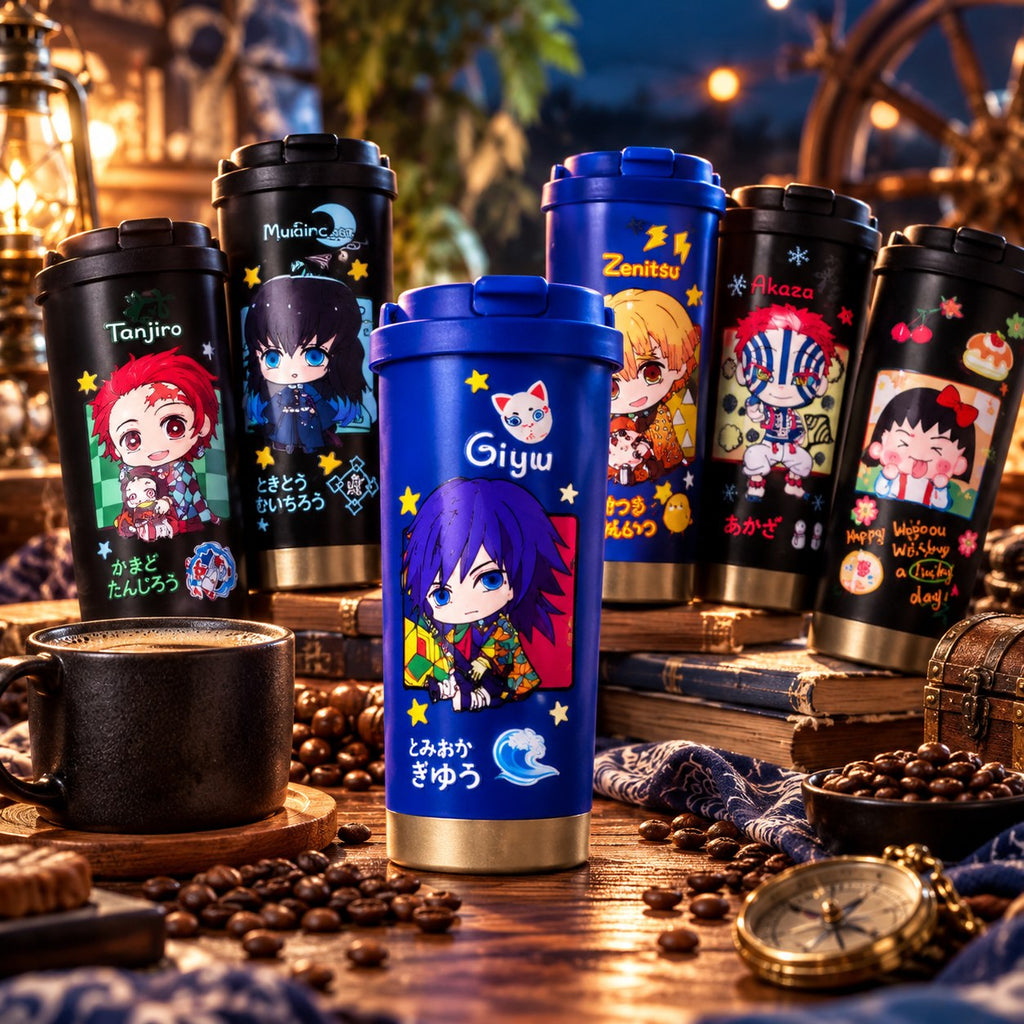 Demon Slayer Giyu blue chibi tumbler in front of other character tumblers – lifestyle photo