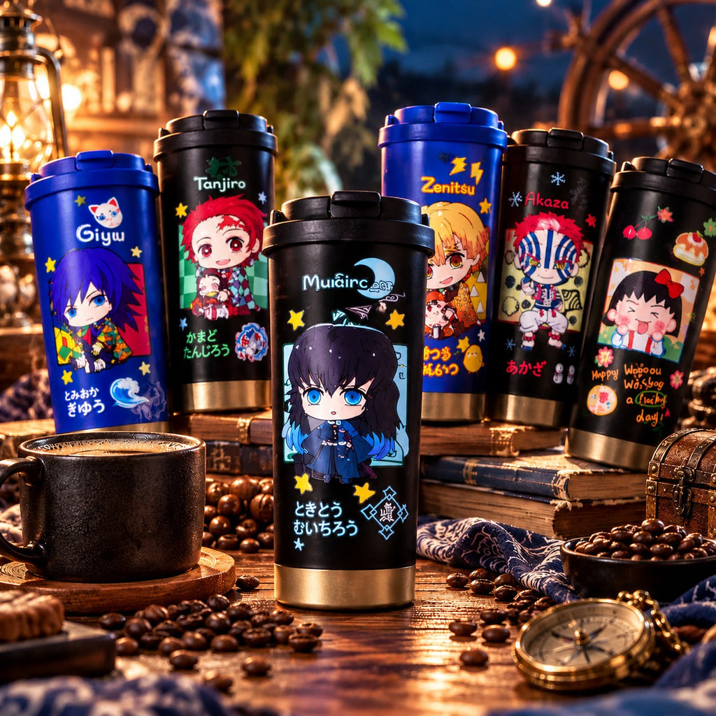 Demon Slayer Muichiro black chibi tumbler in front of other character tumblers – lifestyle photo