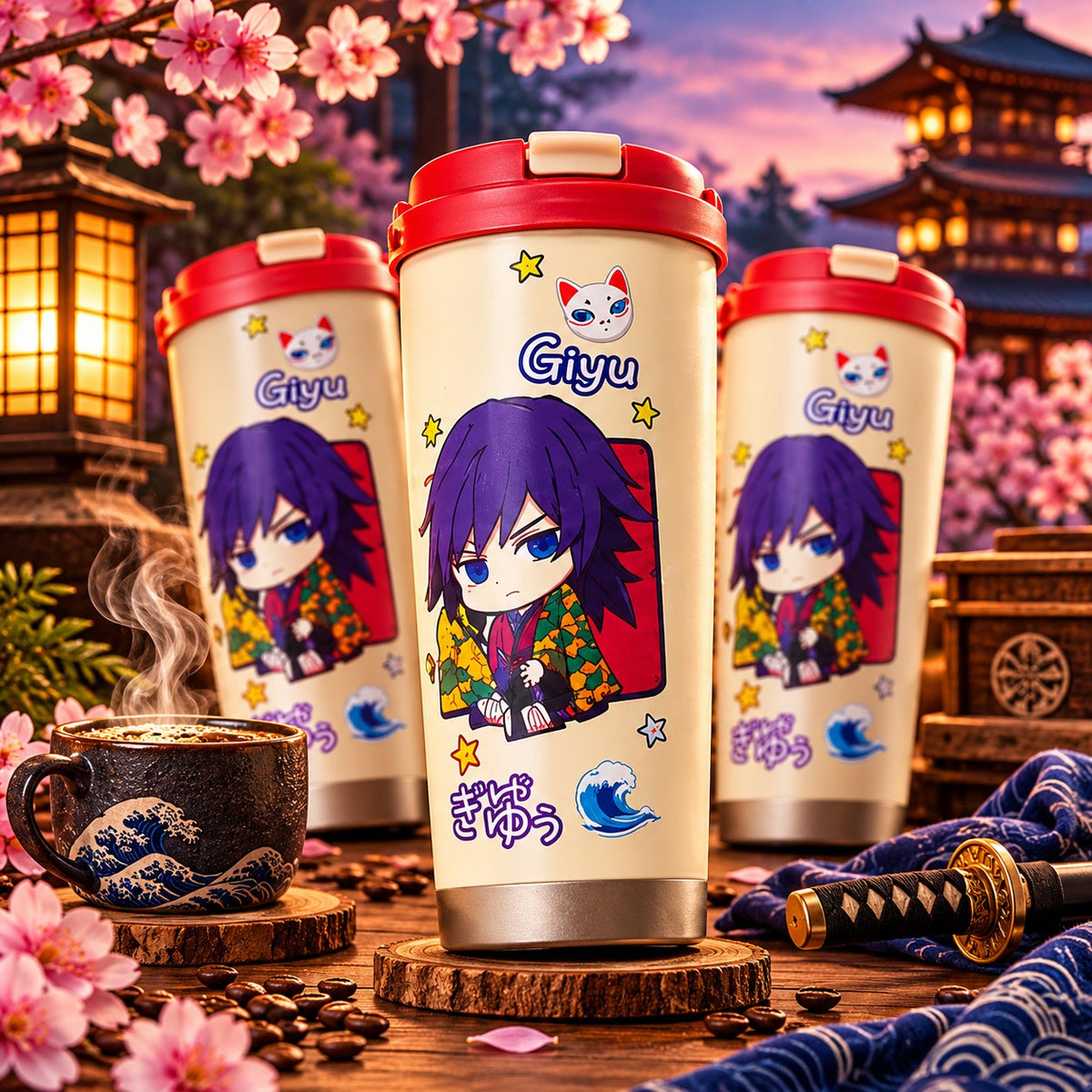 Demon Slayer Giyu cream chibi tumbler with cherry blossoms and pagoda – lifestyle photo