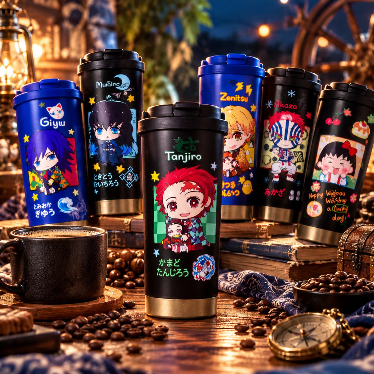 Demon Slayer Tanjiro black chibi tumbler in front of other character tumblers – lifestyle photo
