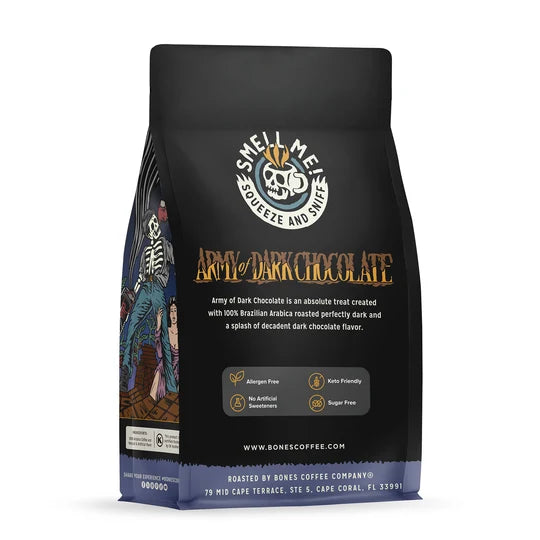 Bones Coffee Company Army of Dark Chocolate flavored coffee bag – detail view