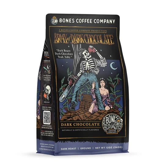 Bones Coffee Company Army of Dark Chocolate flavored coffee bag – alternate view