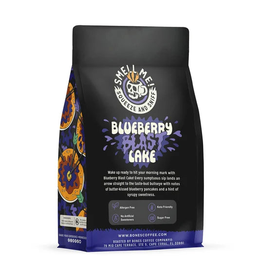 Bones Coffee Company Blueberry Blast Cake flavored coffee, 12 oz bag – detail view