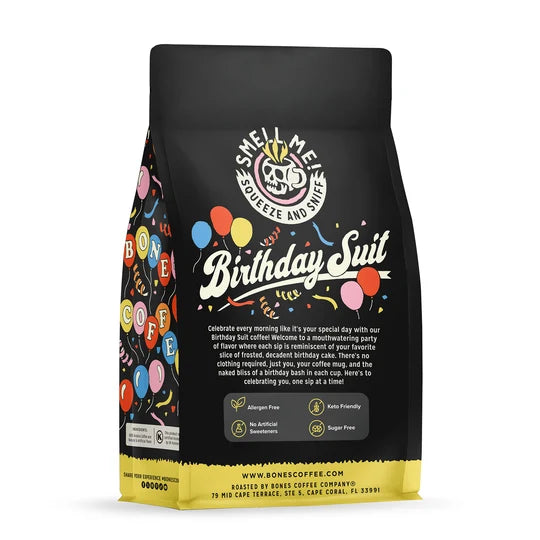 Bones Coffee Company Birthday Suit flavored coffee, 12 oz bag – detail view