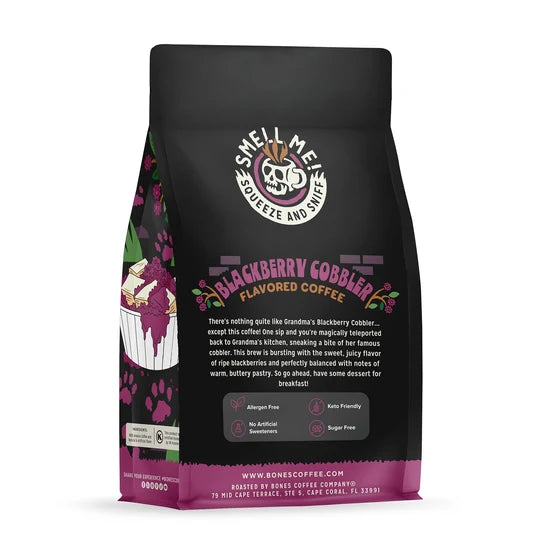 Bones Coffee Company Blackberry Cobbler flavored coffee bag – detail view