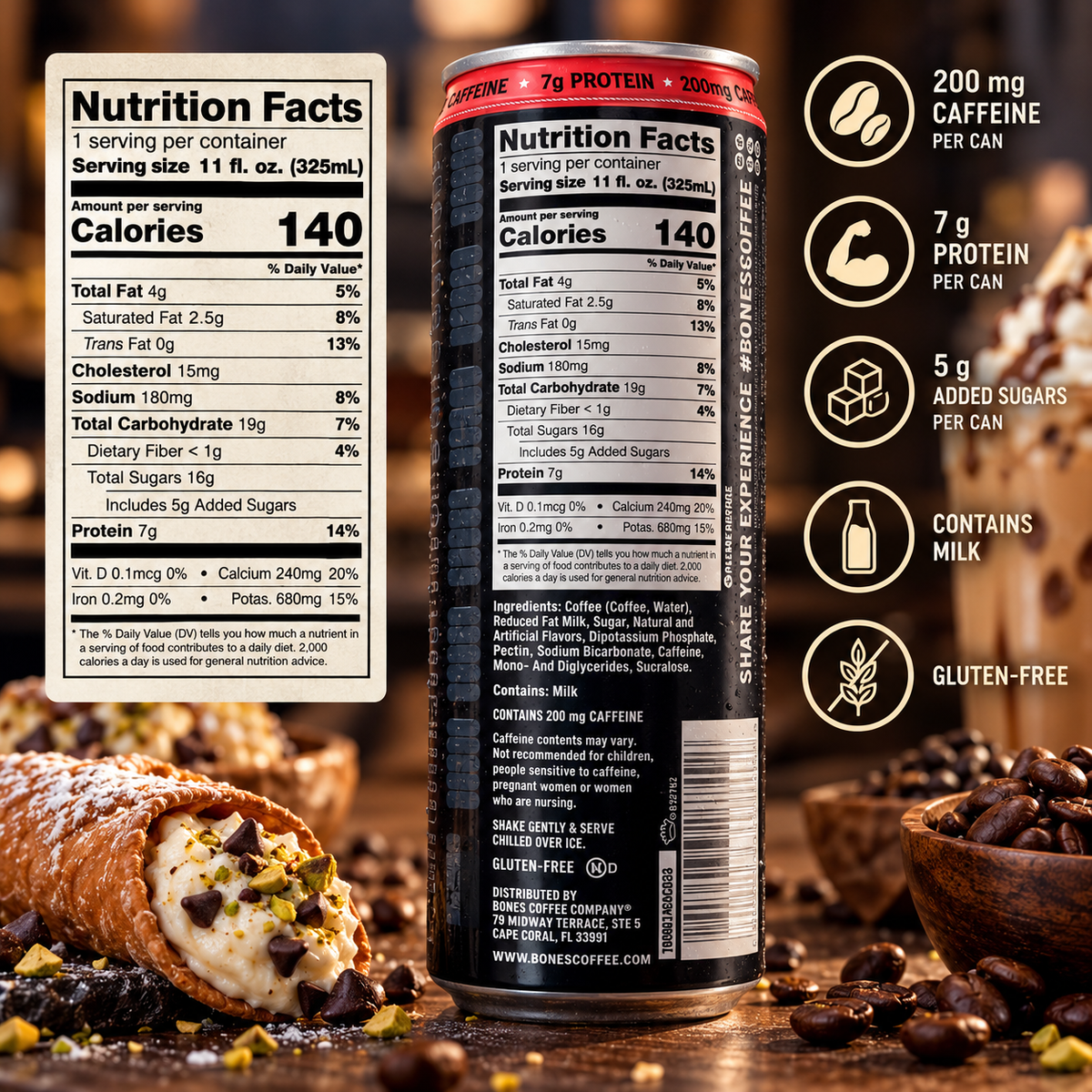 Bones Coffee Company Cannoli Latte, 11 fl oz (325 mL) can – alternate view