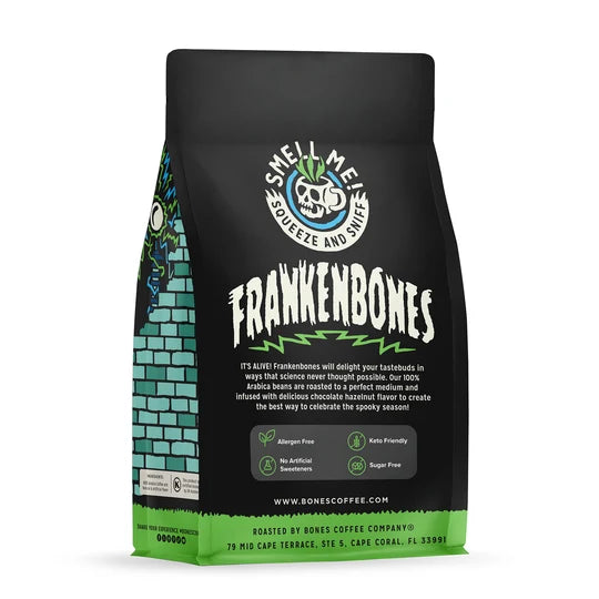 Bones Coffee Company Frankenbones flavored coffee bag – detail view