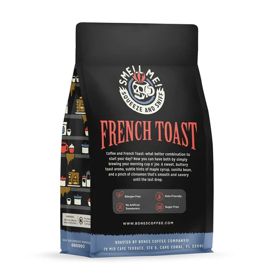 Bones Coffee Company French Toast flavored coffee bag – detail view
