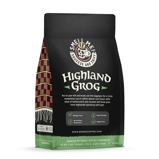 Bones Coffee Company Highland Grog flavored coffee bag – detail view