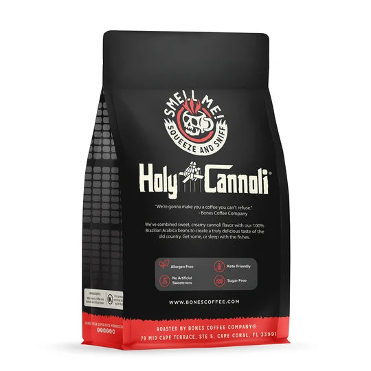 Bones Coffee Company Holy Cannoli flavored coffee bag – detail view