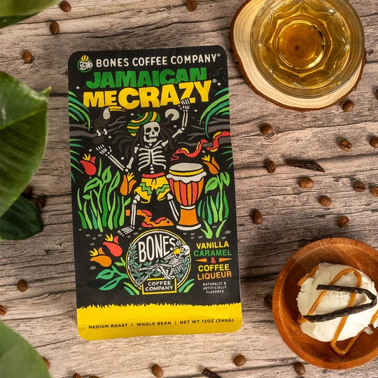 Bones Coffee Company Jamaican Me Crazy flavored coffee bag