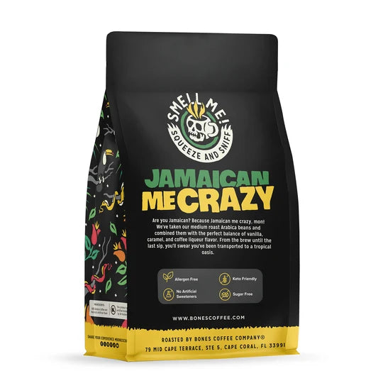 Bones Coffee Company Jamaican Me Crazy flavored coffee bag – detail view